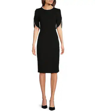 Stretch Crepe Crew Neck Short Sleeve Pearl Trim Knee Length Sheath Dress | Dillard's
