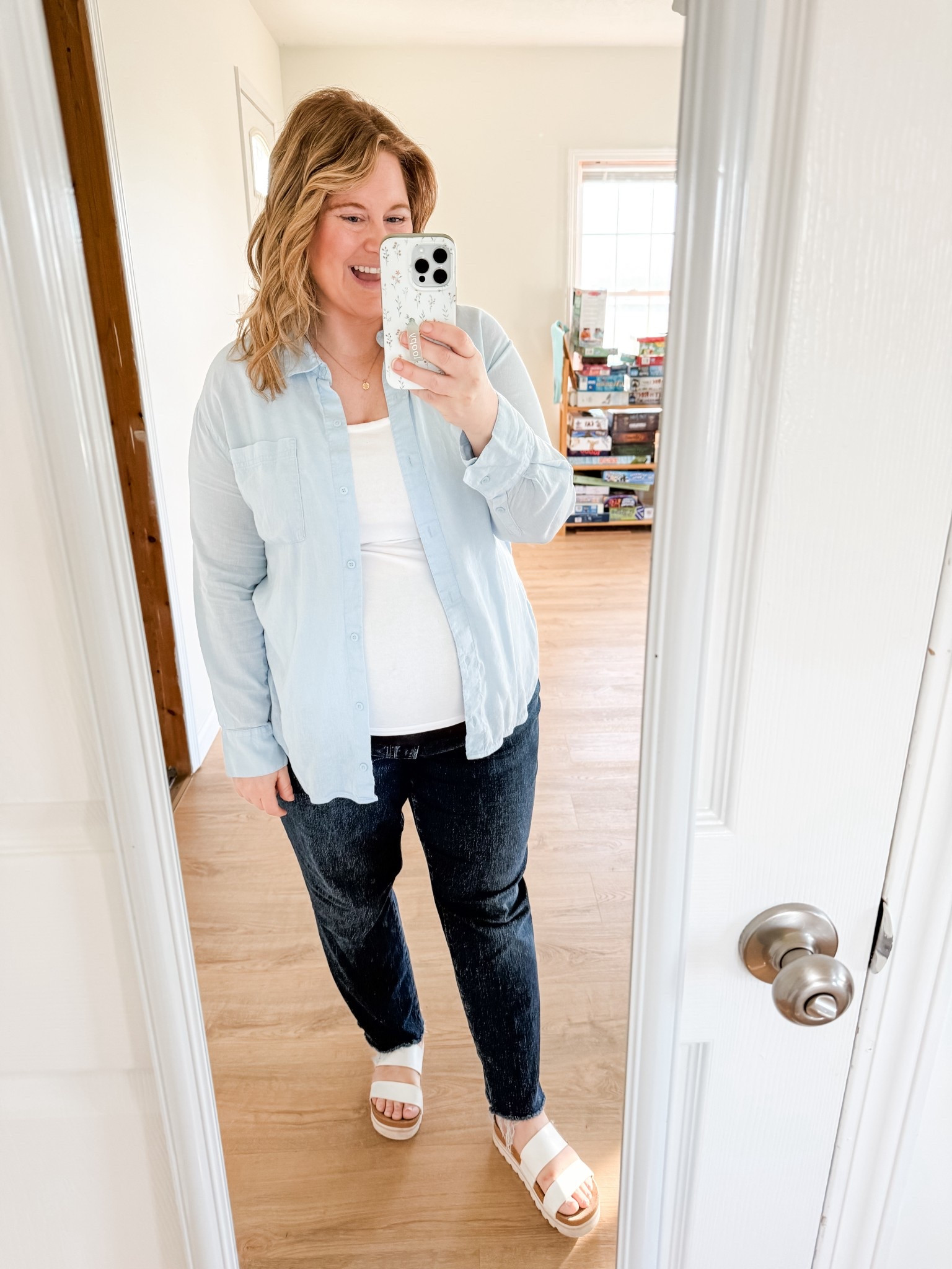 Wearing a large in my linen button down, large in my maternity tank and 14 in my maternity jeans.  Linked the non maternity version of everything too! 

#LTKMidsize #LTKSeasonal #LTKBump