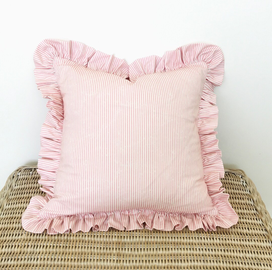 Pink Frilly Cushion, Pillow Cover Pink Striped, Pretty Chair Cushion, Bedroom Styling, Girls Room... | Etsy (US)