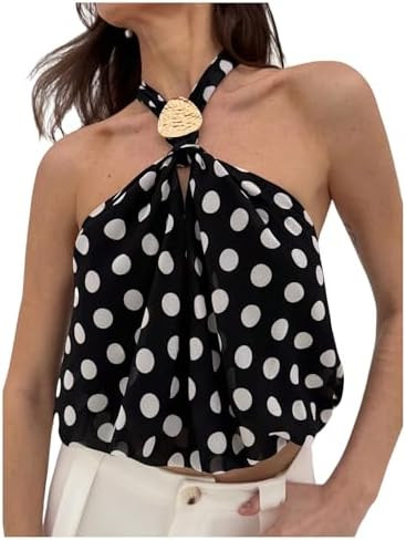 MakeMeChic Women's Polka Dots Halter Crop Tops Metal Open Back Sleeveless Going Out Top Black Sma... | Amazon (US)