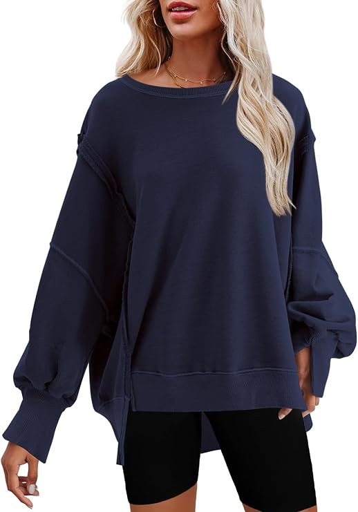 Nirovien Womens Oversized Crewneck Sweatshirt Side Slit Long Sleeve Tops | Amazon (US)