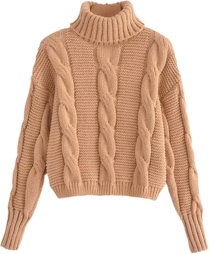 Women Khaki Twist Turtleneck Sweater Vintage Ladies Short Style Sweet Knitted Jumper Tops | Amazon (US)