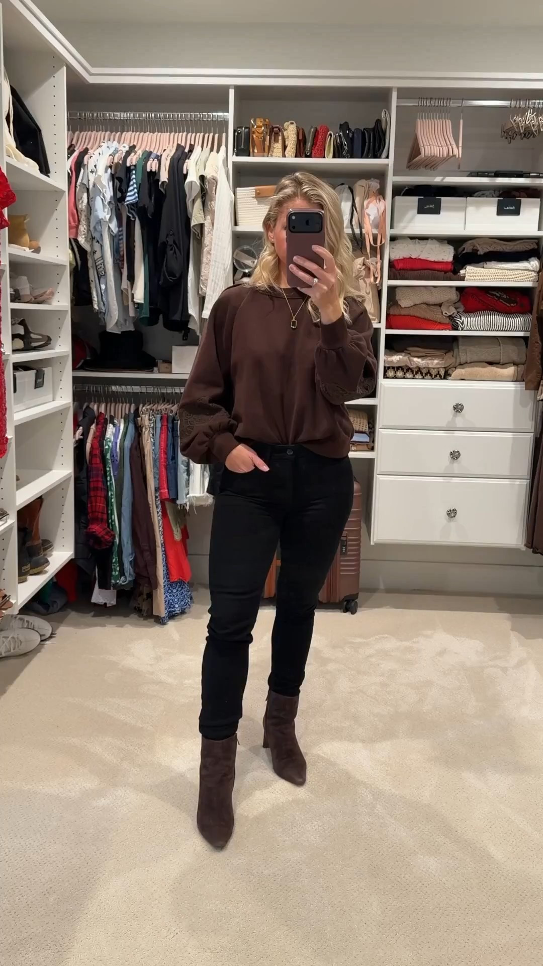 OOTD 🤎
Cozy + pulled together today in this chocolate brown sweatshirt (the lace sleeves make it feel a little elevated), black jeans, and my go-to suede ankle boots. Finished it off with my everyday pendant necklace for just the right touch of shine. Easy, comfy, and perfect for a full day on the go. ✨

#LTKdayinmylife #LTKootd #LTKPetite