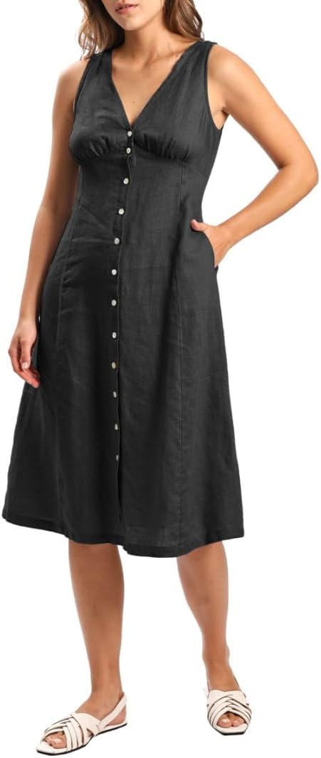 Amazhiyu Womens 100% Linen V Neck Sleeveless Button Down Midi Dress with Pockets | Amazon (US)