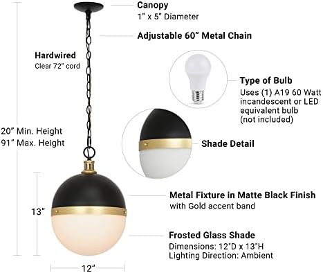 Catalina 20588-001 Modern 2-Tone Round Glass Pendant Ceiling Light, 12 in, Matte Black and Gold | Amazon (US)