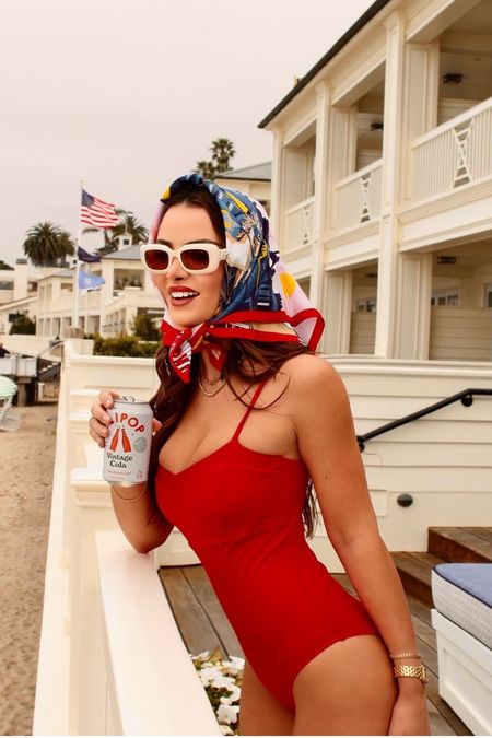 Shop Keleigh  Teller's red one piece corset vintage style swimsuit white oval vintage style sunglasses printed silk head scarf #keleighteller #CelebrityStyle


#LTKswim #LTKstyletip #LTKtravel