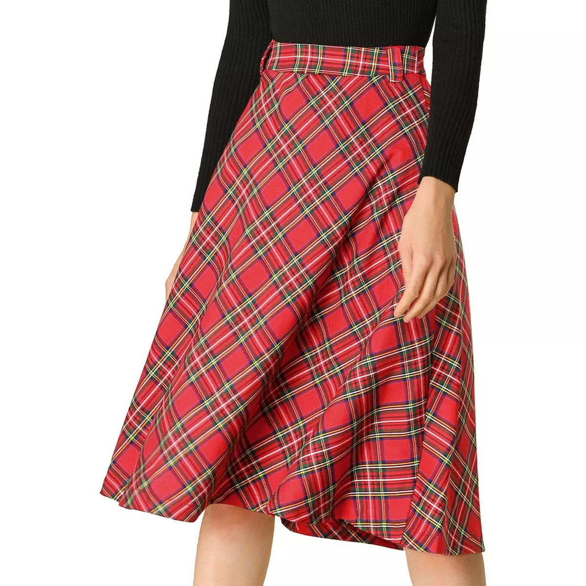 INSPIRE CHIC Women's Tartan Plaid High Waist Belted Vintage A-Line Midi Skirt Red Small | Target