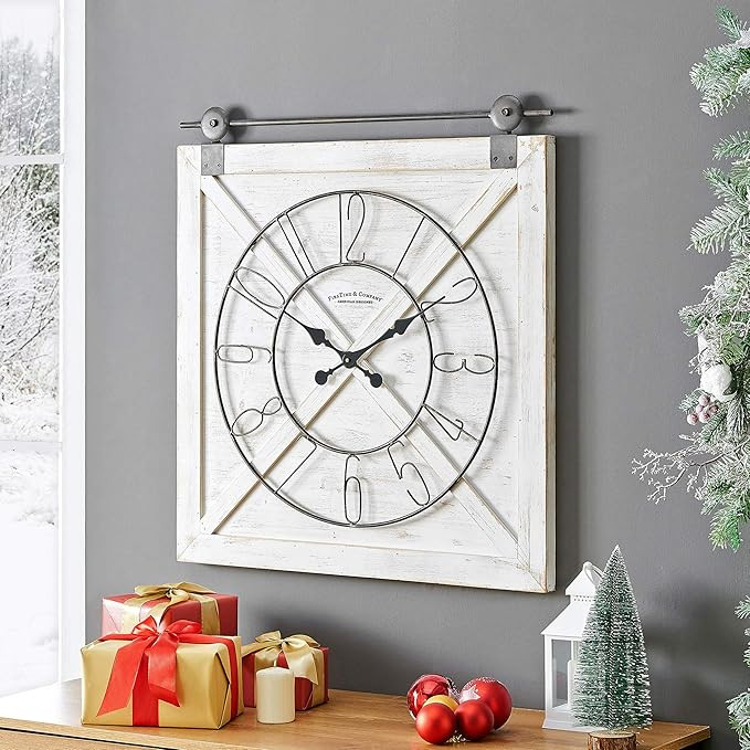 FirsTime & Co. Farmstead Barn Door Wall Clock, 29"H x 27"W, Whitewash, Metallic Gray, Black | Amazon (US)