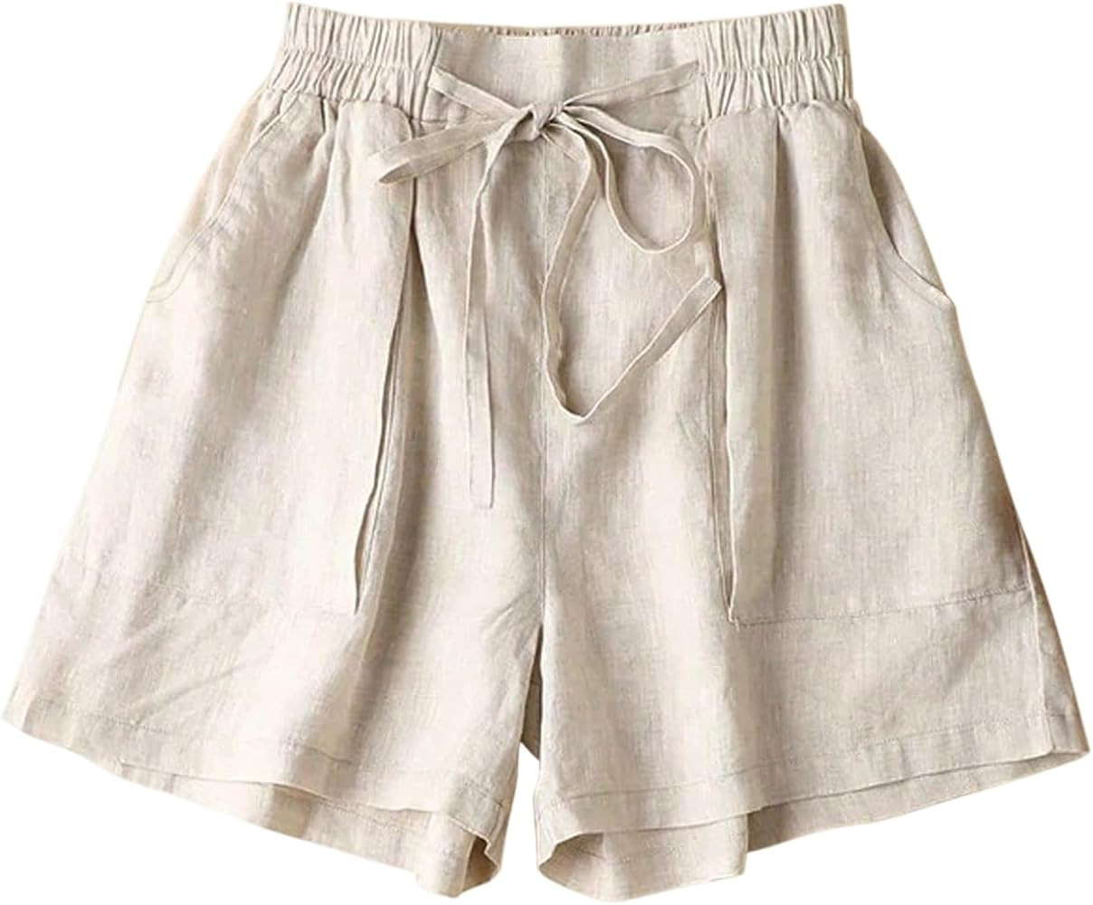 MakeMeChic Women's Plus Size Linen Shorts Drawstring Wide Leg Baggy Summer Casual Shorts | Amazon (US)