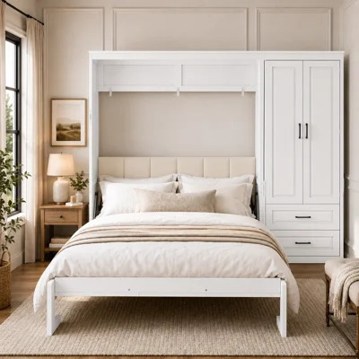 Queen Size Murphy Bed Wall Bed with Storage Wardrobe, Drawers and Upholstered Headboard | Wayfair North America