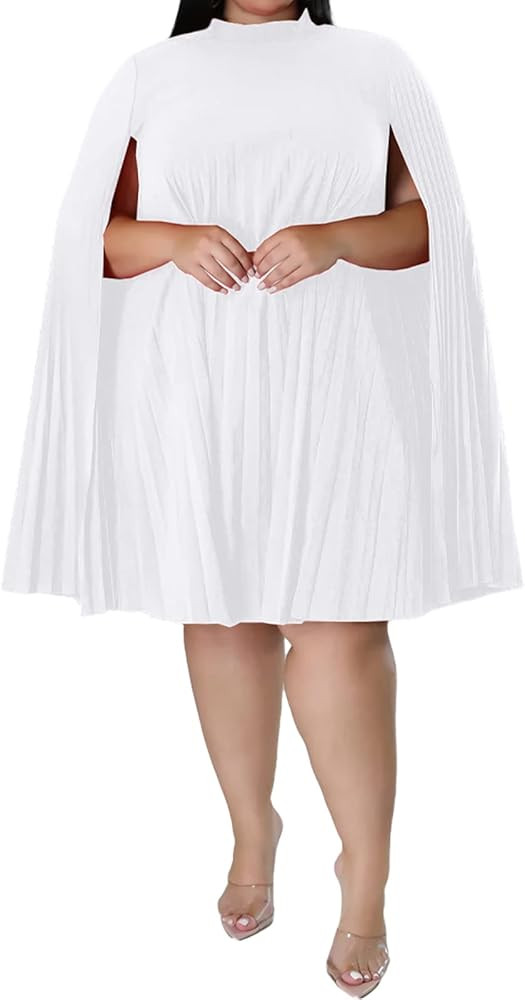Rodawu Women's Plus Size Elegant Cloak Sleeve Cape Pleated Loose Knee Length Dress for Wedding Gu... | Amazon (US)