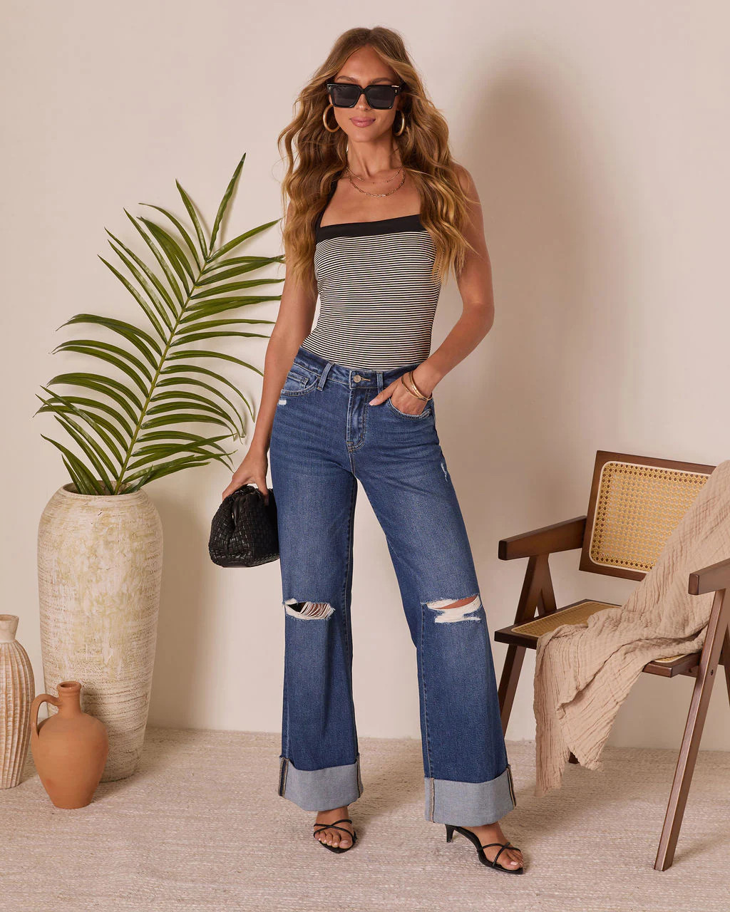 Jaidan Stretch Distressed Wide Leg Cuffed Jeans | VICI
