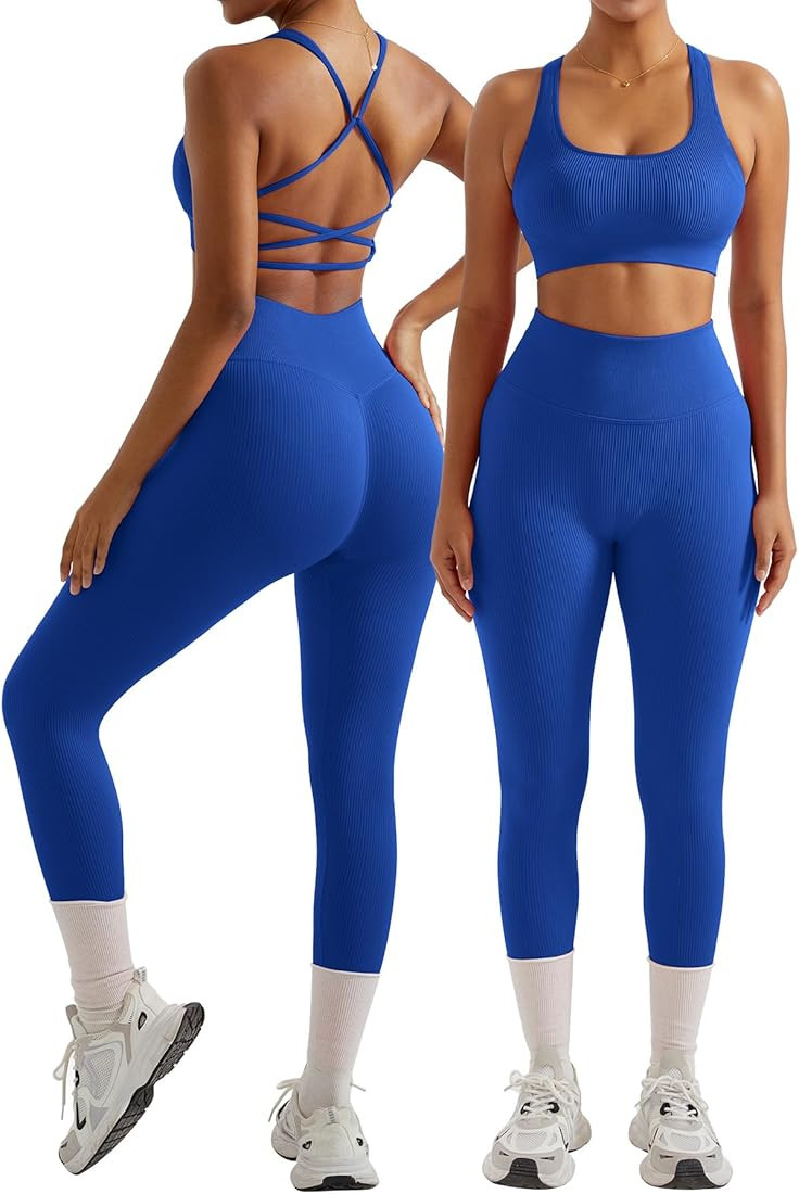 OMKAGI Women Ribbed Workout Sets Seamless Strappy Sport Bra Butt Lifting Leggings Outfits | Amazon (US)