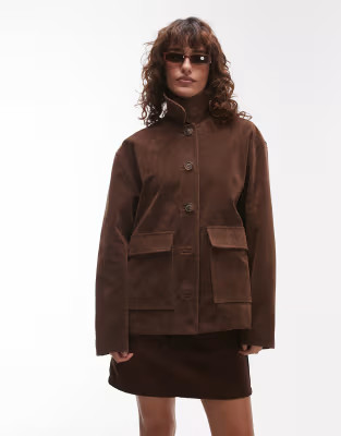 Topshop faux suede patch pocket boxy jacket in brown | ASOS (Global)