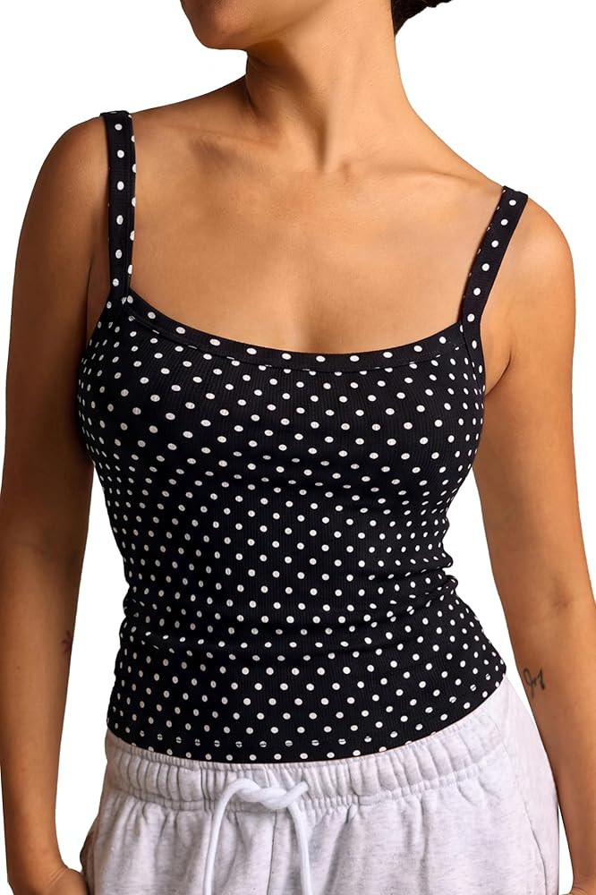 SUUKSESS Women Cotton Rib Padded Tank Tops Sleeveless Spaghetti Strap Square Neck Tops Summer Cam... | Amazon (US)