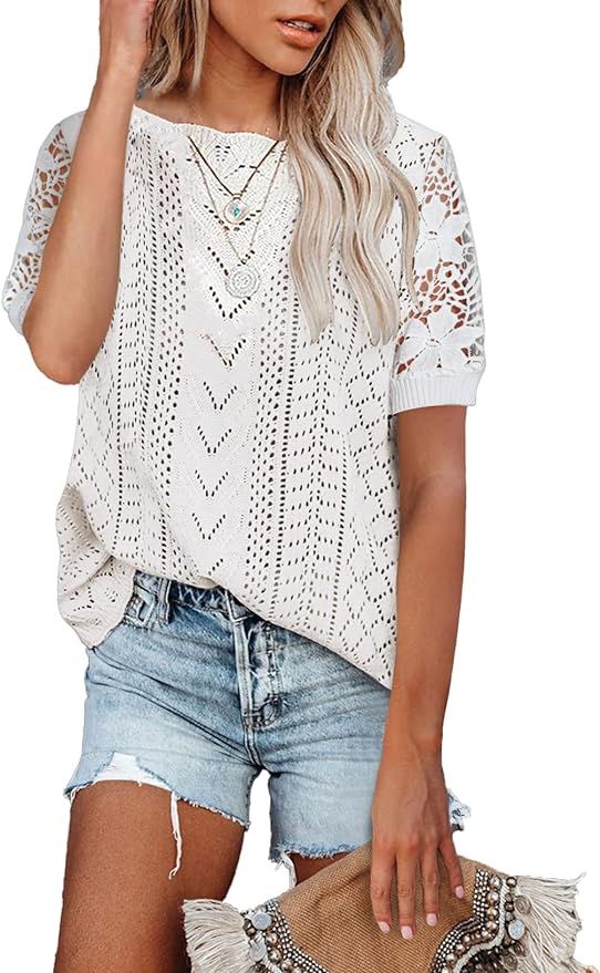 Y YOLITEE Womens Short Sleeve Lace Crochet Sweaters Knit Pullover Tops | Amazon (US)