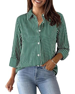 Womens Button Down Shirts Cotton Striped Dress Shirt Long Sleeve Collared Office Work Pinstripes ... | Amazon (US)