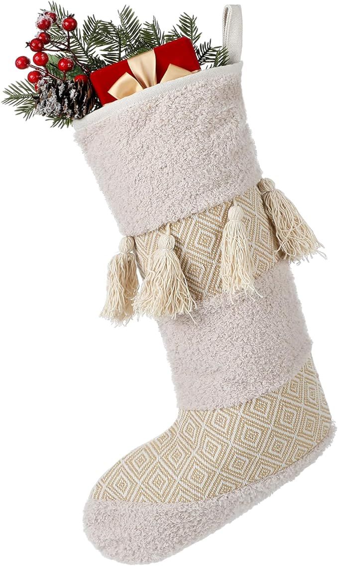 Poen 18.5 Inch Boho Style Christmas Stockings Tassel Neutral Stockings Boho Macrame Christmas Dec... | Amazon (US)