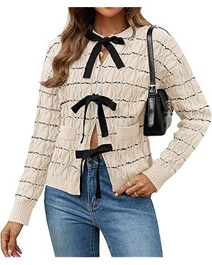 ZESICA Women's Long Sleeve Open Front Cardigan Sweater 2024 Fall Winter Striped Tie Front Loose C... | Amazon (US)