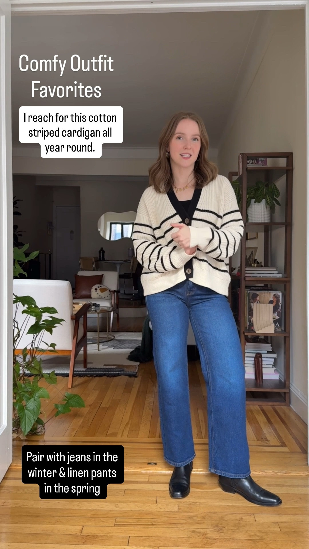 Comfy outfits for spring transition
$50 cardigan xs organic cotton
28 inseam jeans. Size 25 I’m 5ft 2