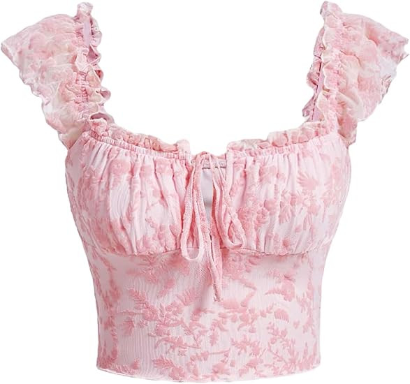 Verdusa Women's Floral Print Tie Front Ruched Sweetheart Neck Cap Sleeve Crop Blouse Top | Amazon (US)