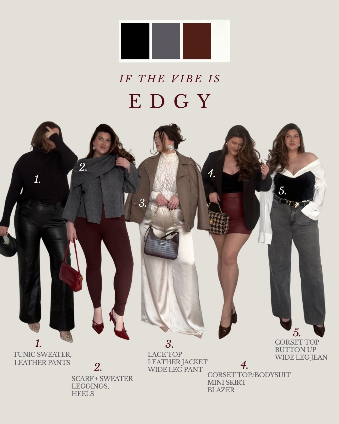 Outfit ideas for Valentine’s Day on the edgy/non-traditional side

•Wearing XL or US 14 in everything
•Wearing 33R in the leather pants and grey jeans 

#LTKPlusSize #LTKMidsize #LTKValentine