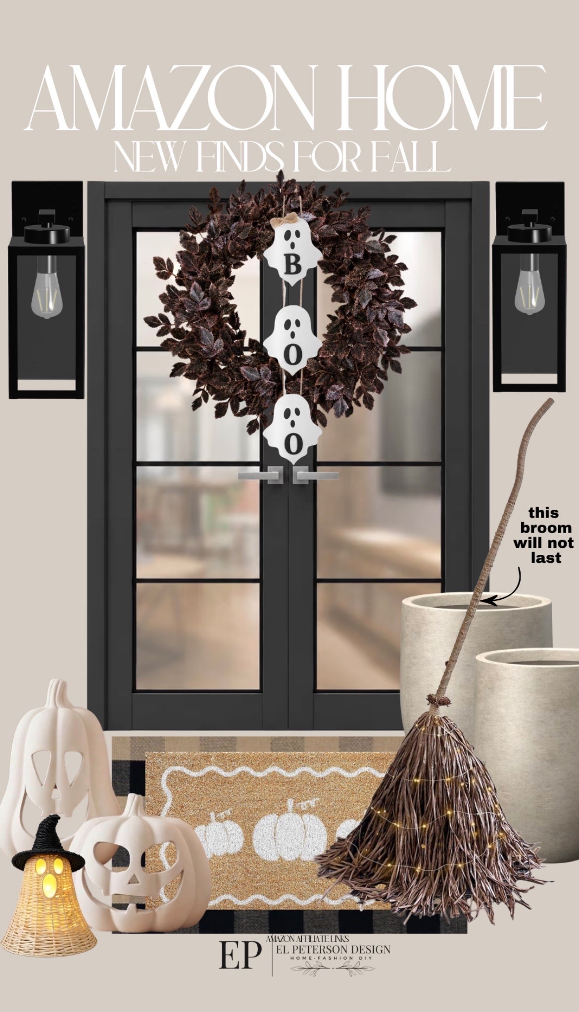 Amazon
New  Fall Finds
Wreath
Planter
Broomstick 
Jack-o-lantern
Door mat
Outside lighting