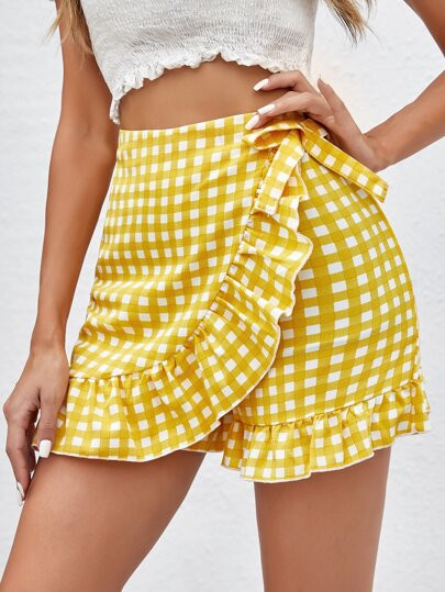Gingham Ruffle Hem Culotte Shorts | SHEIN