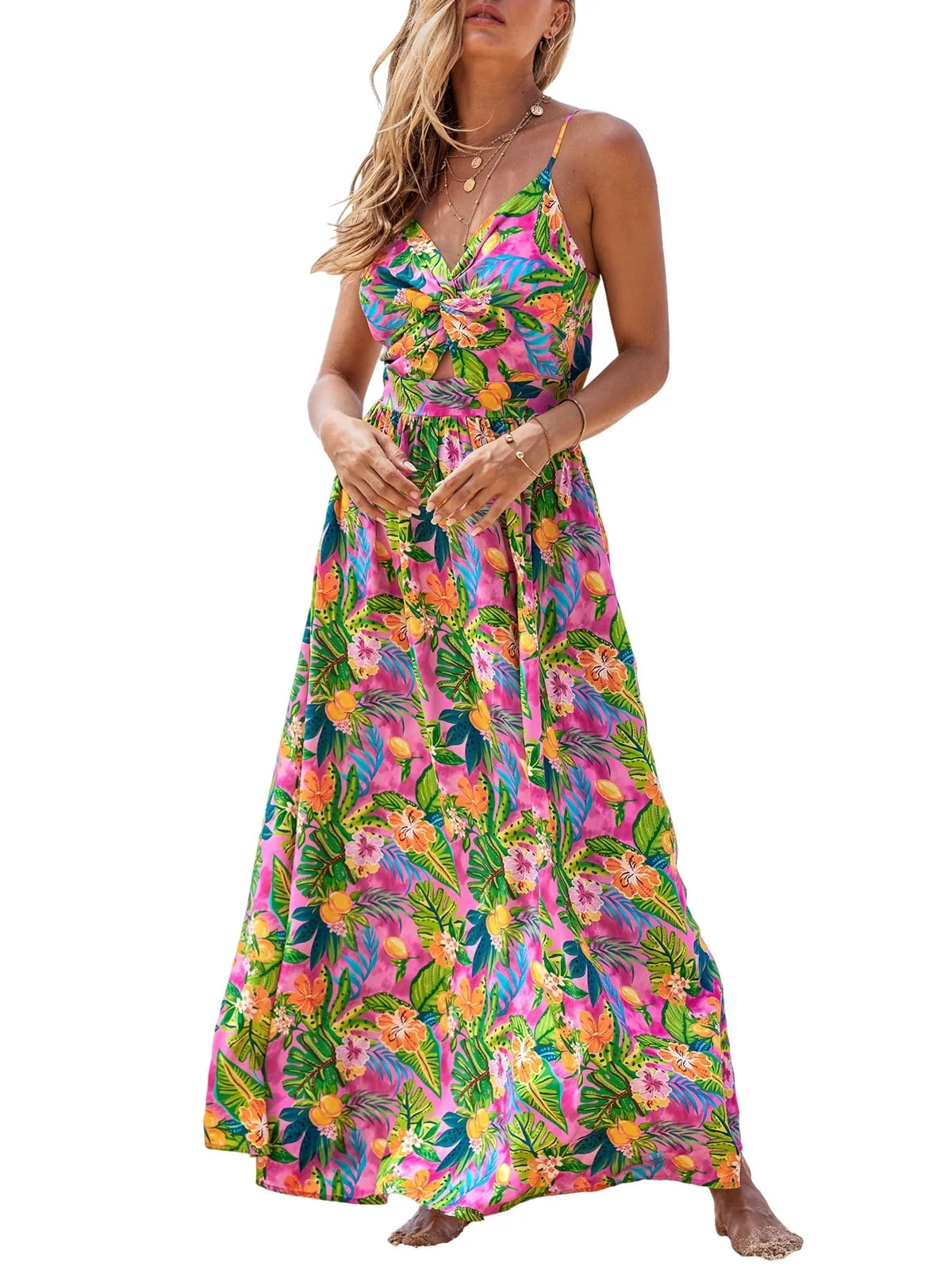 Cupshe Women's Twisted Dress V Neck Sleeveless Long Dress Floral Pleated Self Tie Back Adjustable... | Walmart (US)