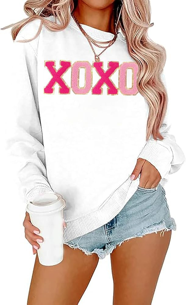 BINLANHANAT Valentine Sweatshirt Women Glitter XOXO Chenille Patch Pullover Top Novelty Valentine... | Amazon (US)
