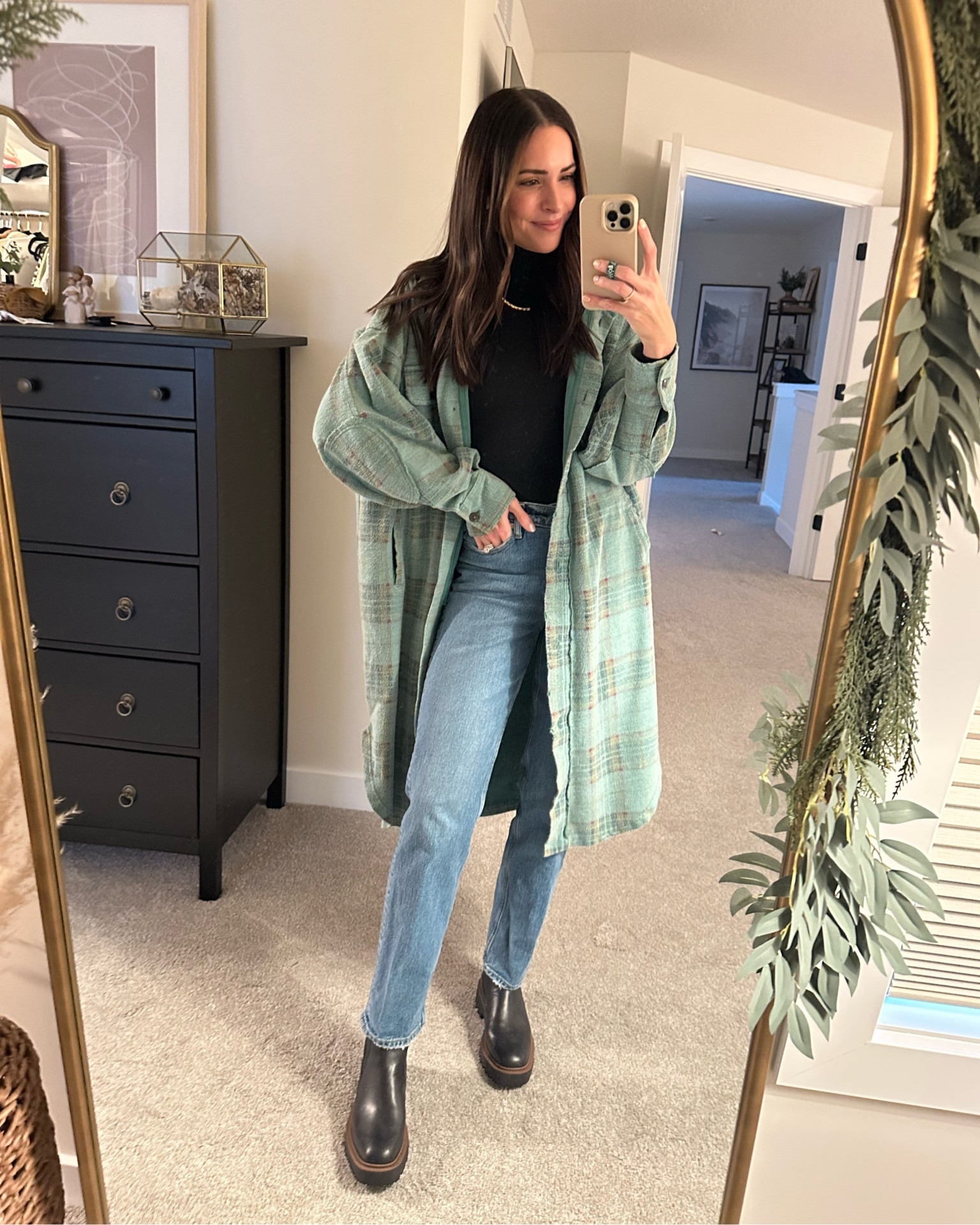 Shacket: true to size (S) 
Turtleneck bodysuit: TTS (S) code taylorxspanx 
Jeans: TTS (26R) 
Chelsea boots: TTS 

#LTKSeasonal #LTKsalealert #LTKHoliday