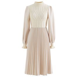 Cable Knit Spliced Pleated Midi Dress in Cream | Chicwish