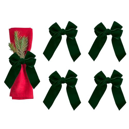 Velvet Bow Napkin Rings, Set of 4 Christmas Bowknot Napkin Holder Ring Dining Table Decor for Xmas Dinner Parties Wedding Holiday Home Table Setting(Green Bow) | Amazon (US)