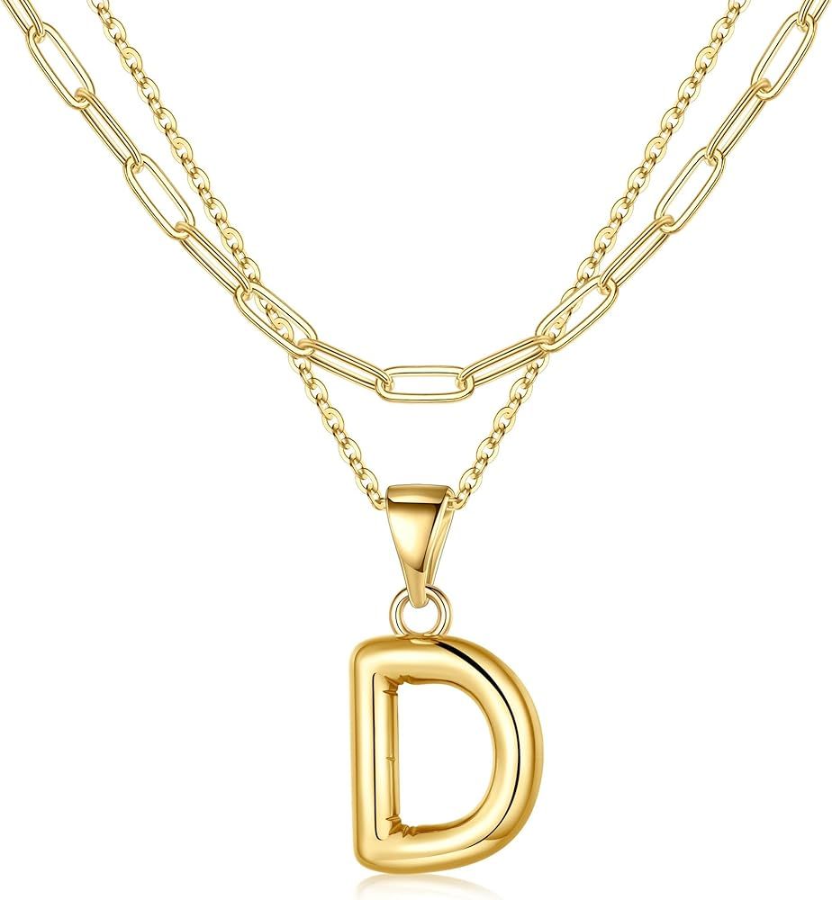 Turandoss Bubble Letter Necklace Gold - Layered Gold Initial Necklaces for Women, Dainty Gold Ini... | Amazon (US)