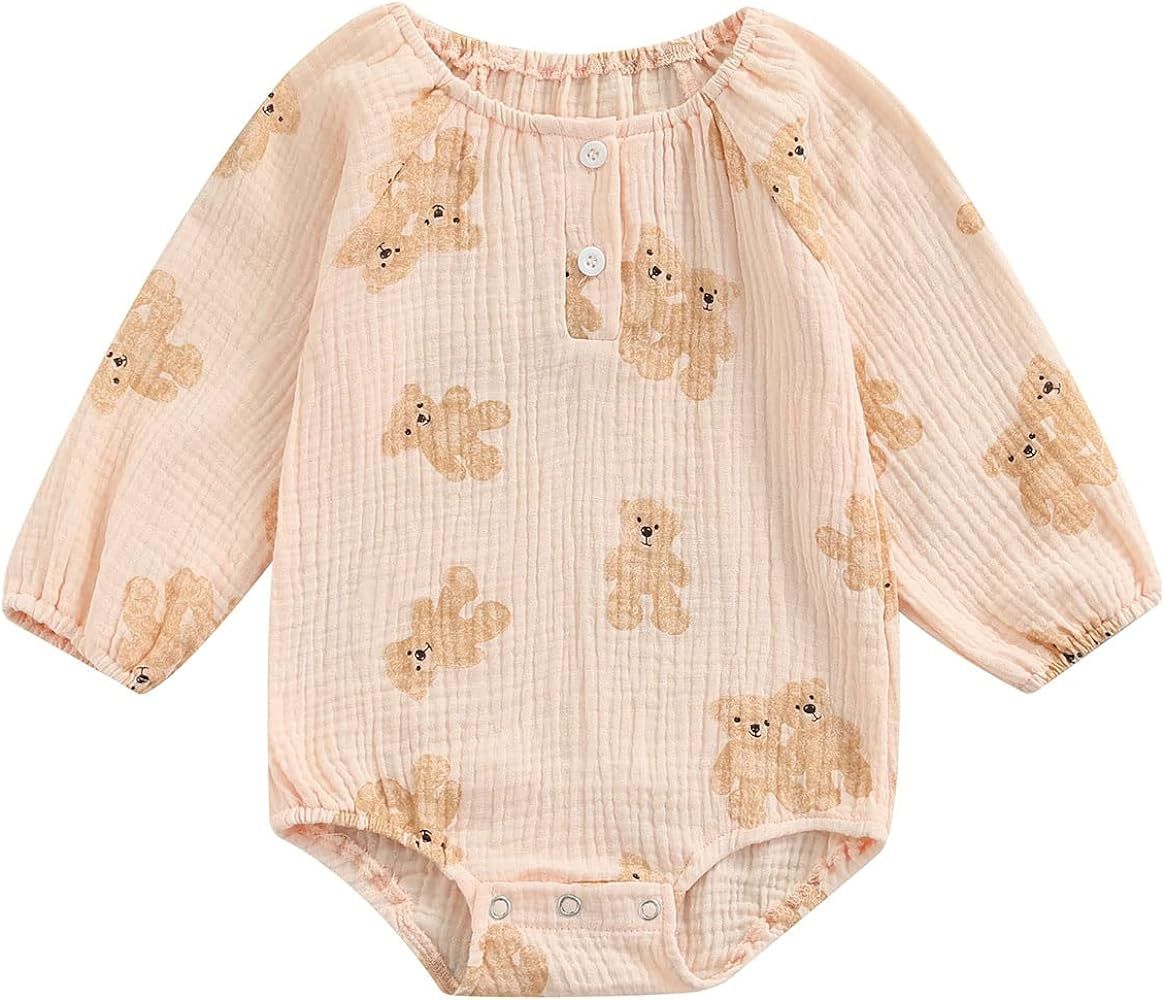 Newborn Baby Girl Bear Romper Cute Aniaml Print Long Sleeve Bodysuit Tops Pullover Cotton Linen C... | Amazon (US)