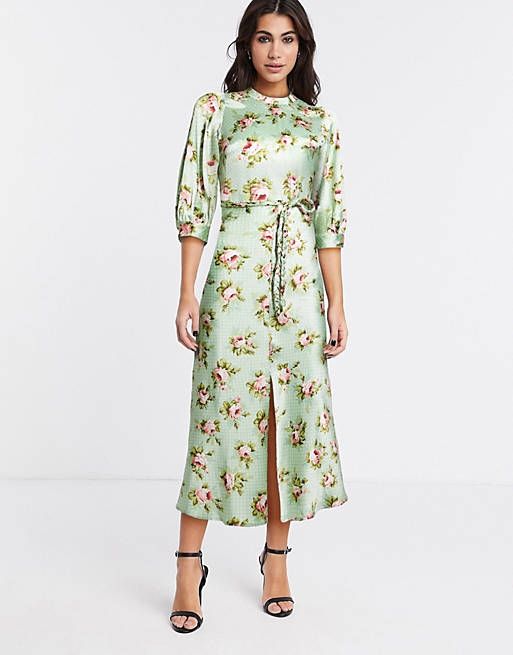ASOS DESIGN satin bias midi tea dress with braid detail and puff sleeves in grid floral print | A... | ASOS (Global)