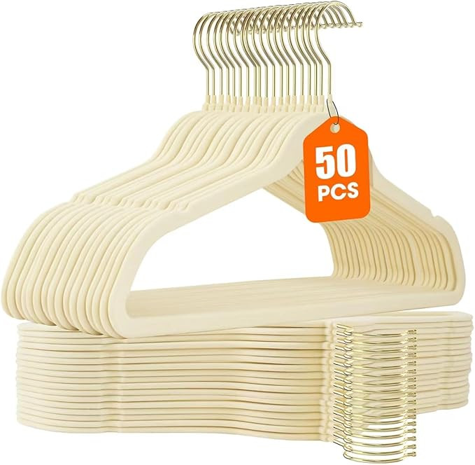 50 Pack Beige Velvet Hangers,Non Slip,Heavy-Duty,Slim,Space Saving,with Felt Surface and Gold 360... | Amazon (US)