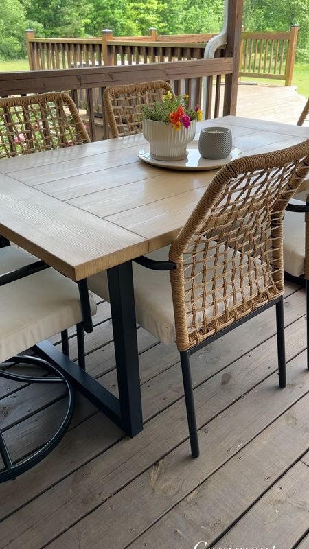 What a deal on this 7 piece outdoor dining set from @loweshomeimprovement! The table, 4 chairs and 2 swivel chairs set is on sale right now for only $849 (originally $1000)! 

I love that it has the wood look but the table top is actually metal and the two end chairs swivel and rock! 

Help me out though…rug or no rug??

#LTKSaleAlert #LTKHome #LTKVideo