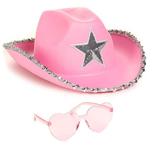 Funcredible Pink Cowboy Hat and Glasses - Preppy Cowgirl Hat with Star - Sparkly Cowboy Hats - Cowgirl Outfit Accessories for Women and Girls | Amazon (US)