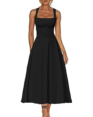 Kaximil Women's Square Neck Corset A Line Maxi Dress Ruffle Ruched Waist Flowy Long Dresses | Amazon (US)
