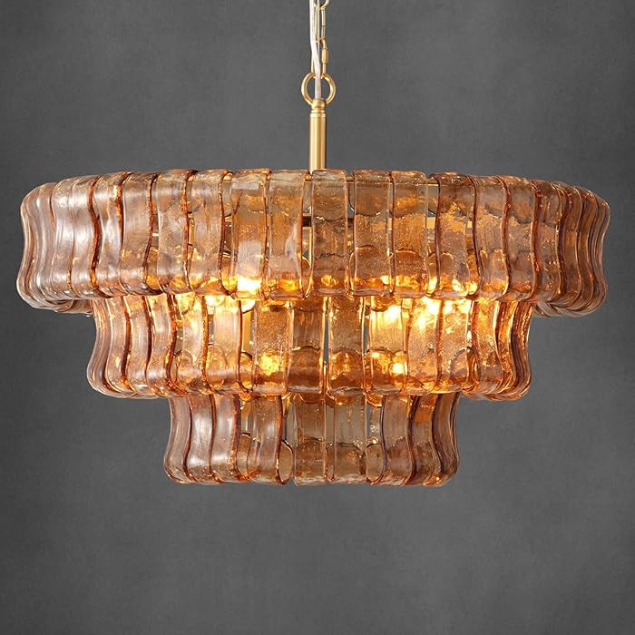 Modern 4-Light Gold Chandelier with Amber Glass, 23-Inch Round Drum Pendant Light for Kitchen Isl... | Amazon (US)