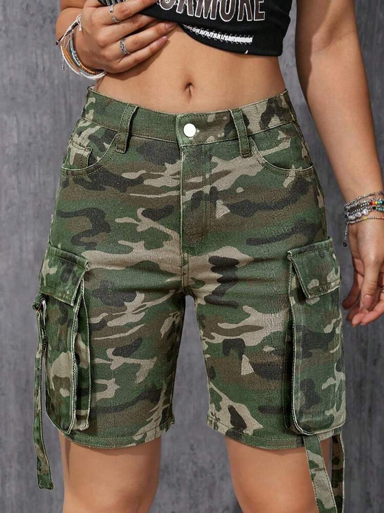 Women's Baggy Multi-Pocket Camo Y2K Style Straight Leg Denim Shorts | SHEIN