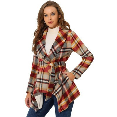 Allegra K Women's Shawl Collar Asymmetric Hem Thin Belted Plaids Wrap Coat X-Small Red Brown | Target