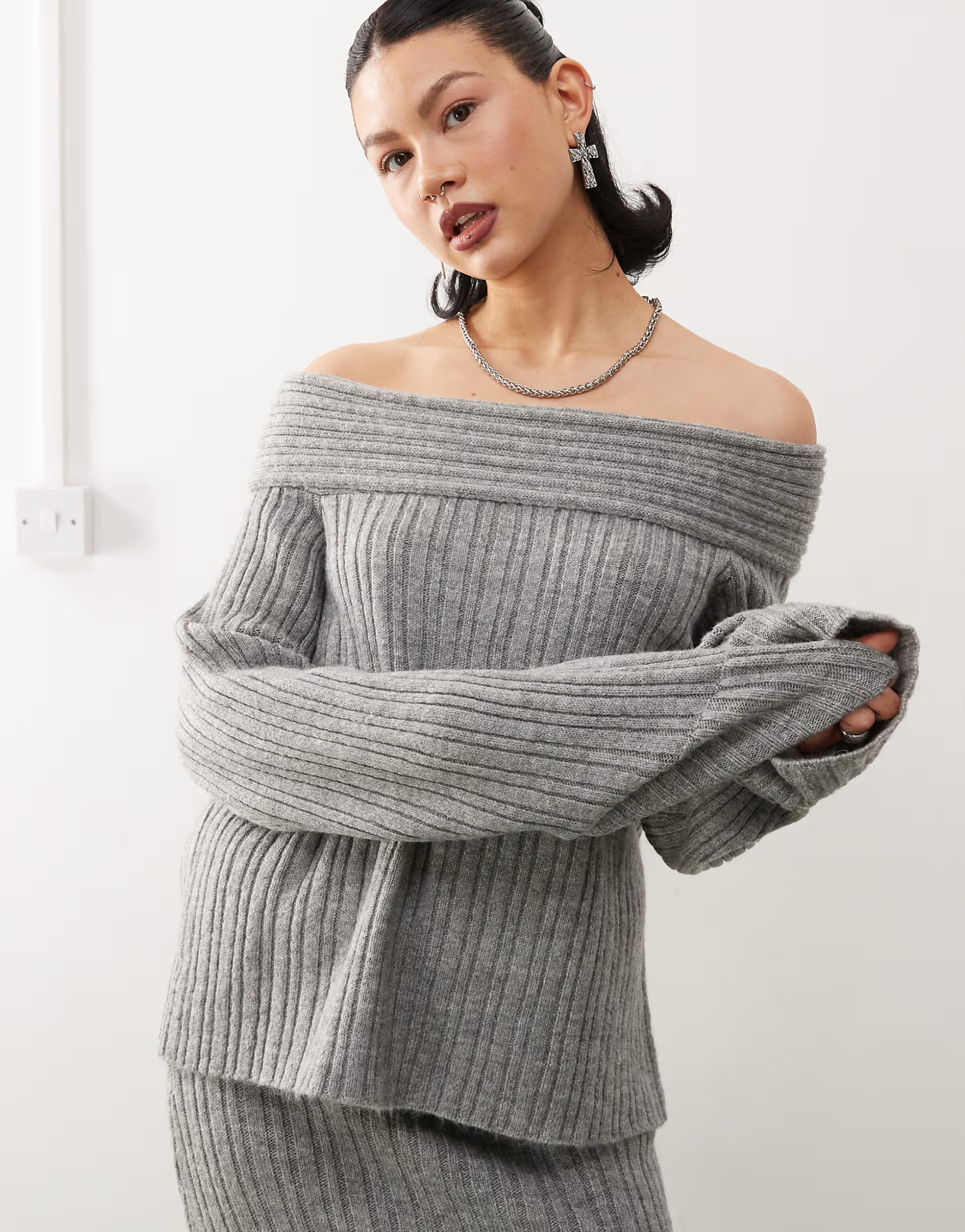 COLLUSION knitted ribbed off the shoulder sweater in charcoal - part of a set | ASOS (Global)