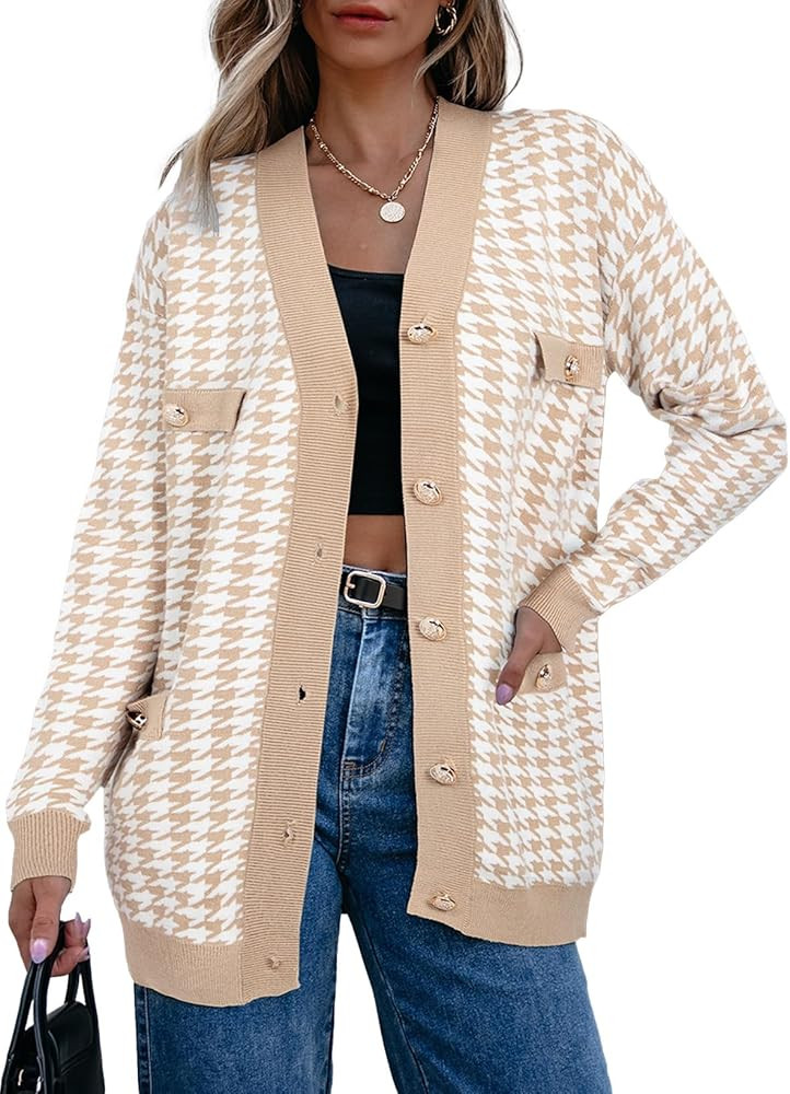 Sidefeel Women's Cardigan Sweaters Open Front Button Down Plaid Chunky Knit Jackets with Pockets | Amazon (US)