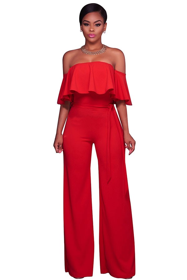 Off Shoulder Ruffle High Waist Wide Legs Red Jumpsuits For Women | PinkQueen Apparel Inc.