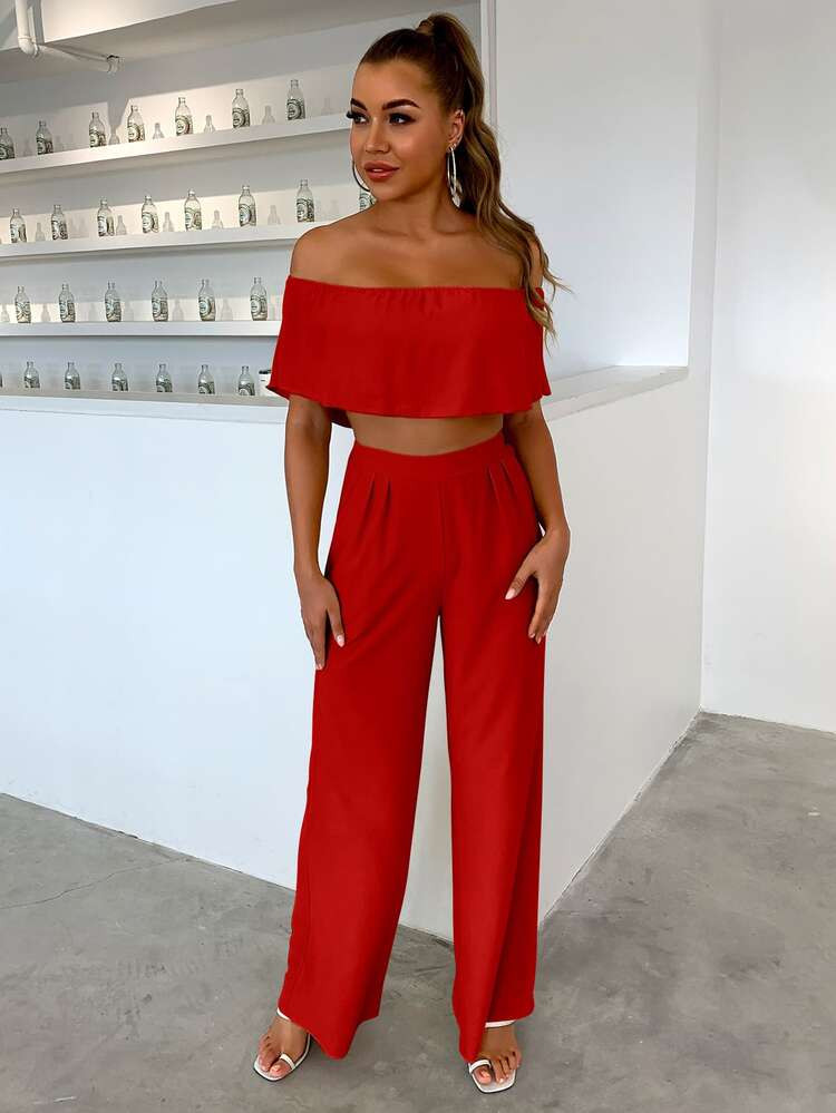 Joyfunear Off Shoulder Overlay Crop Top & Fold Pleated Detail Wide Leg Pants | SHEIN