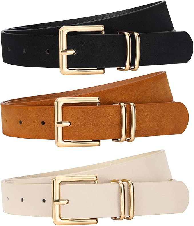 SANSTHS 3 PACK Women Leather Belts for Jeans Pants Dresses Fashion Ladies Waist Belt with Gold Sq... | Amazon (US)