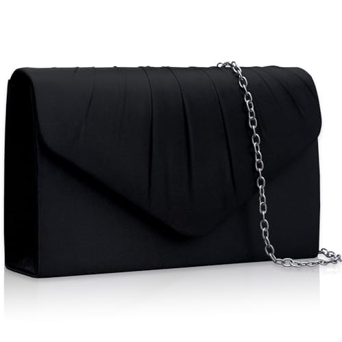 Larcenciel Elegant Black Satin Evening Clutch Purse for Women, Pleated Envelope Party Bags with Detachable Chain Strap, Formal Ladies Handbag for Wedding, Cocktail, Prom, Homecoming, 9 x 5.1 x 2.1 in | Amazon (US)