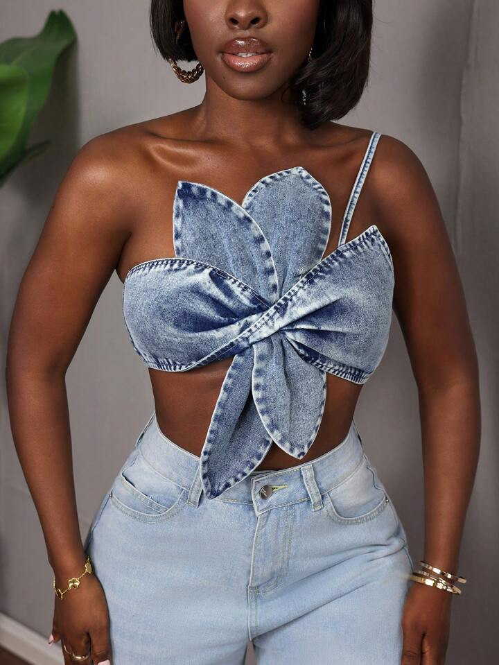 Slaydiva Women's Sexy Form-Fitting Strappy Denim Crop Top, Blue Beach Outfits For Woman Summer Cl... | SHEIN